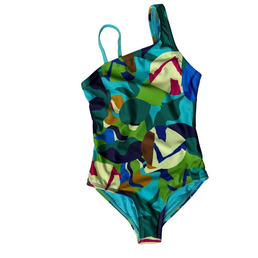 Wonder Nation One Piece Swimsuit Kids Size XS 4-5 Green Abstract Tropical NWOT
